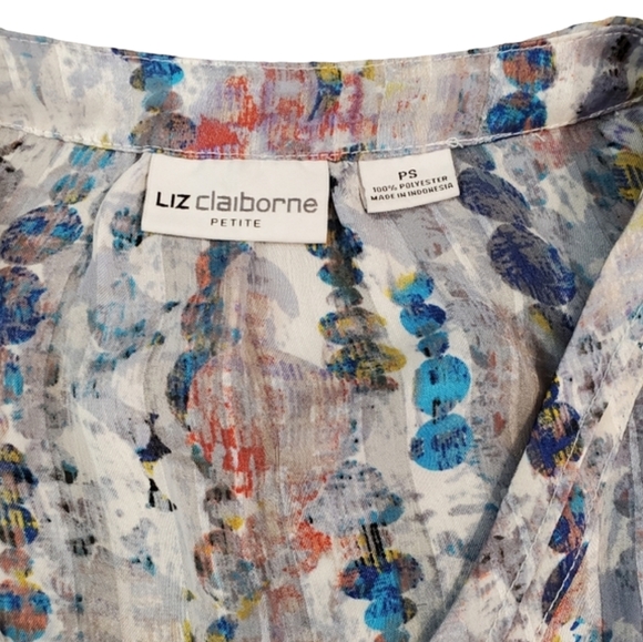 Liz Claiborne Blouse Womens Multicolor Print 3/4 Sleeve Semi Sheer Top Size PS - Picture 8 of 11